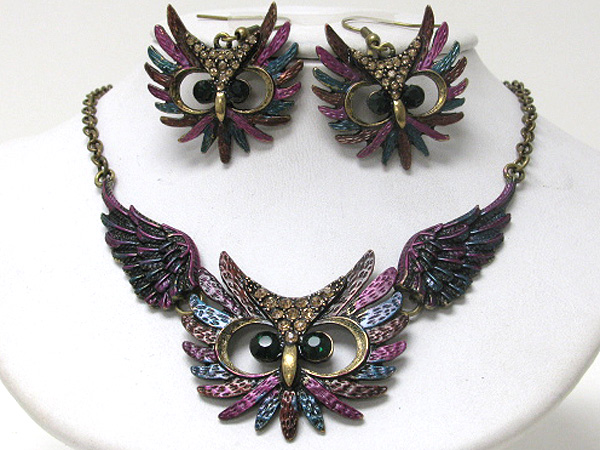 Crystal and paint flying owl statement necklace earring set