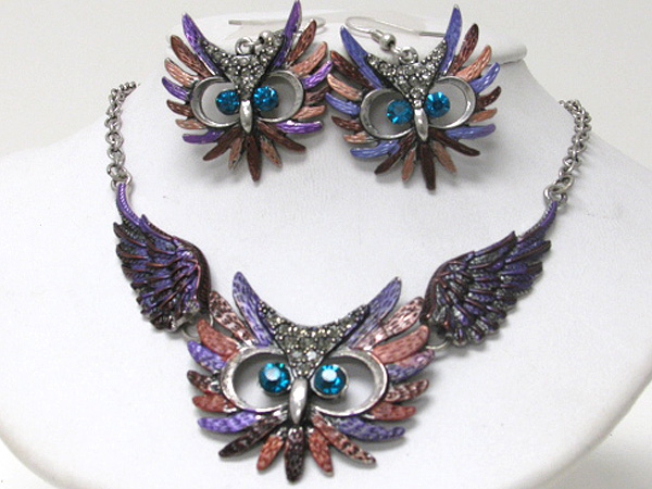 Crystal and paint flying owl statement necklace earring set