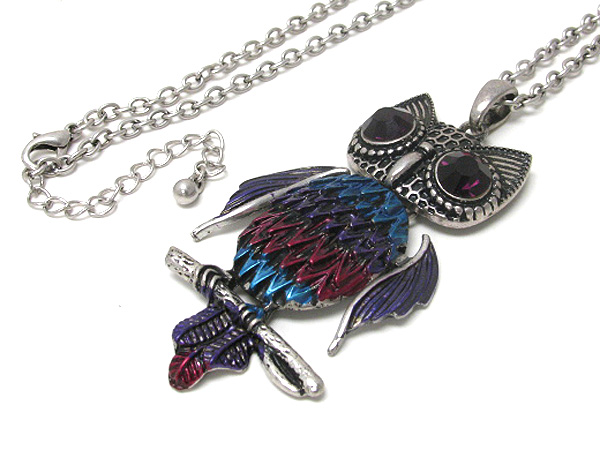 Crystal eyed and painted large owl pendant long necklace