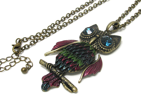 Crystal eyed and painted large owl pendant long necklace