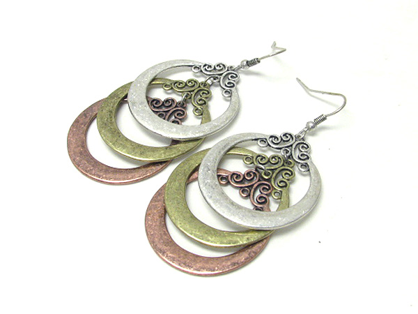 Triple metal hoop drop earring - hoops