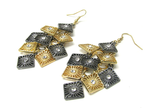 Multi crystal center metal square link and drop earring