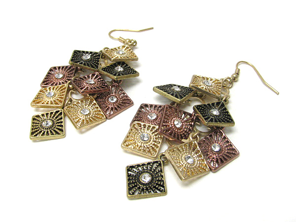 Multi crystal center metal square link and drop earring