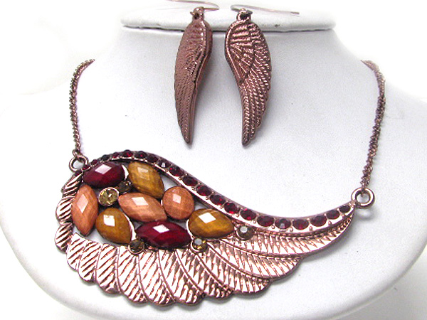 Crystal and facet glass deco large angel wing pendant necklace earring set