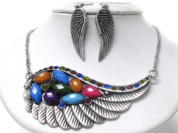 Crystal and facet glass deco large angel wing pendant necklace earring set