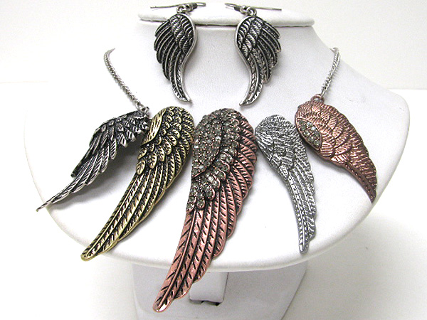 Crystal deco multi angel wing link statement necklace earring set