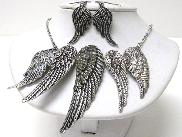 Crystal deco multi angel wing link statement necklace earring set