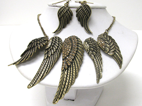 Crystal deco multi angel wing link statement necklace earring set