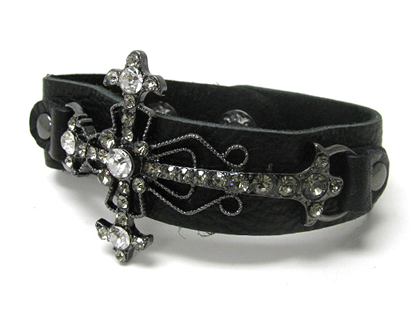 Crystal stud cross and synthtic leather band bracelet