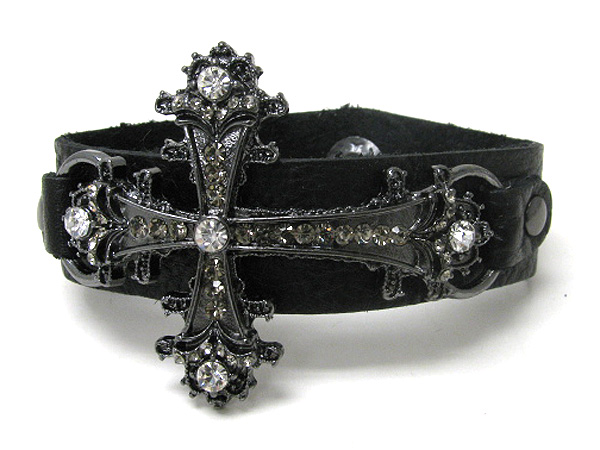 Crystal stud cross and synthtic leather band bracelet