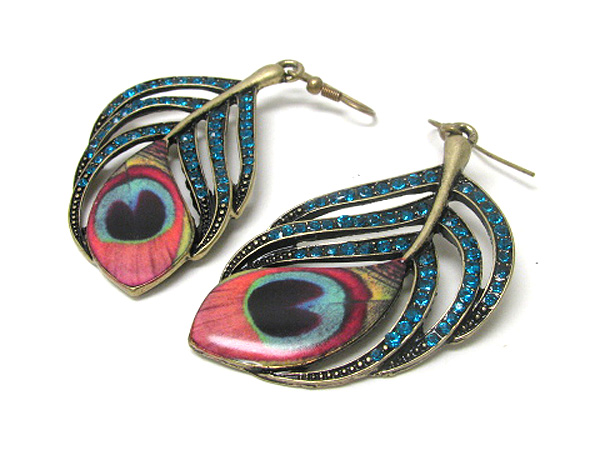 Crystal and peacock paint deco metal feather earring