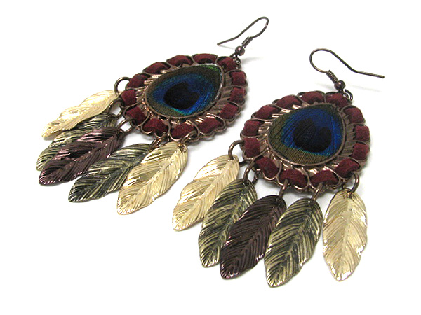 Peacock fabric and suede deco multi feather drop earring