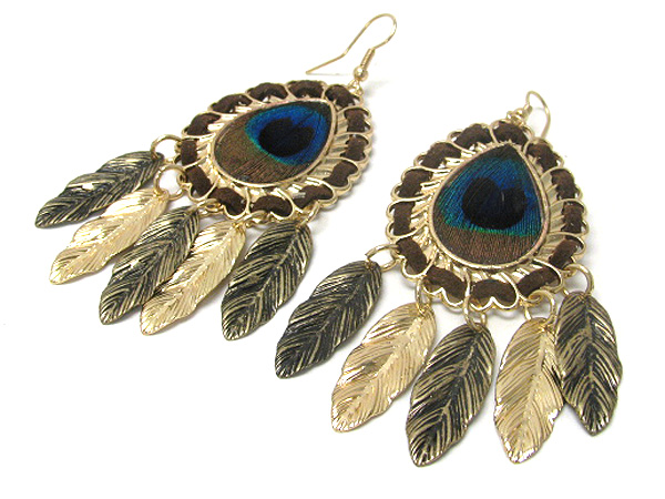 Peacock fabric and suede deco multi feather drop earring