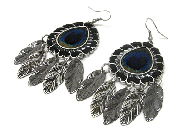 Peacock fabric and suede deco multi feather drop earring