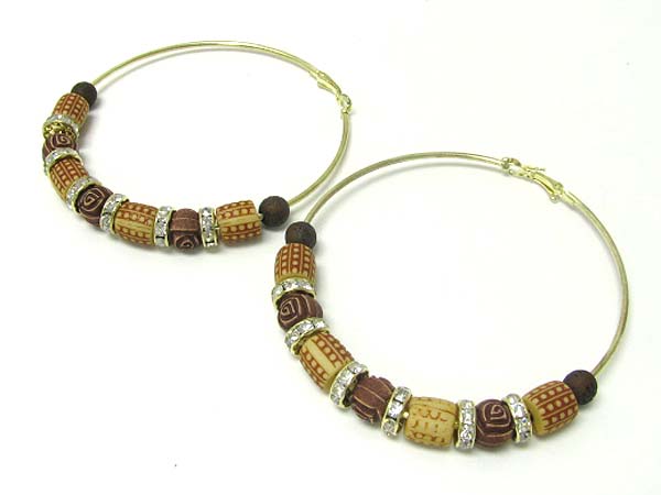 3 inch hoop crystal rondell and wood bead basketball wives inspired earring - hoops