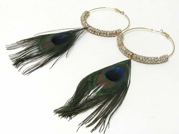 3 inch hoop crystal rondell and peacock feather basketball wives inspired earring - hoops