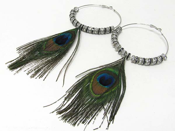 3 inch hoop crystal rondell and peacock feather basketball wives inspired earring - hoops