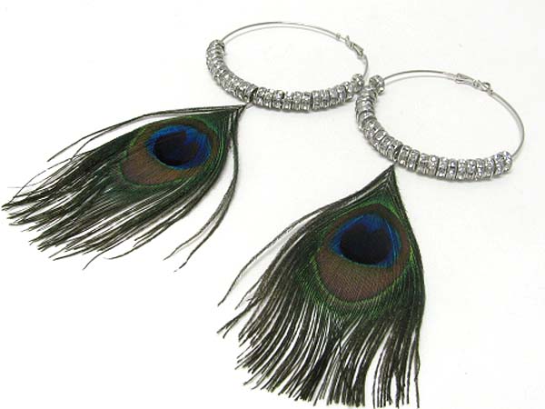 3 inch hoop crystal rondell and peacock feather basketball wives inspired earring - hoops