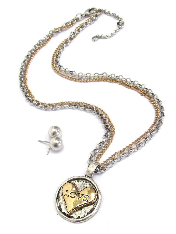 Heart disk pendant double layer chain necklace set