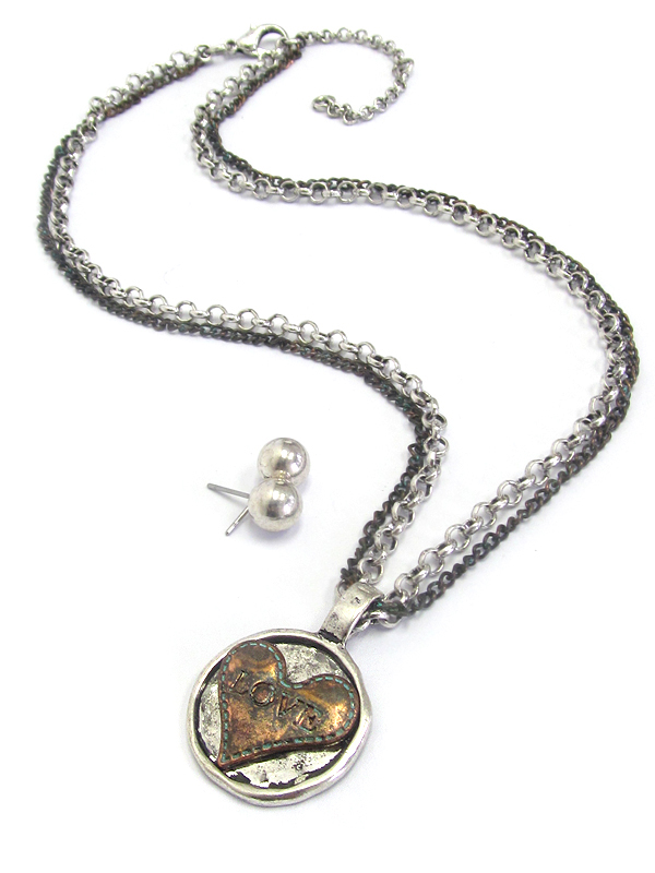 Heart disk pendant double layer chain necklace set