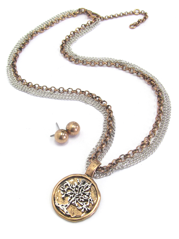 Tree of life pendant multi layer chain necklace set