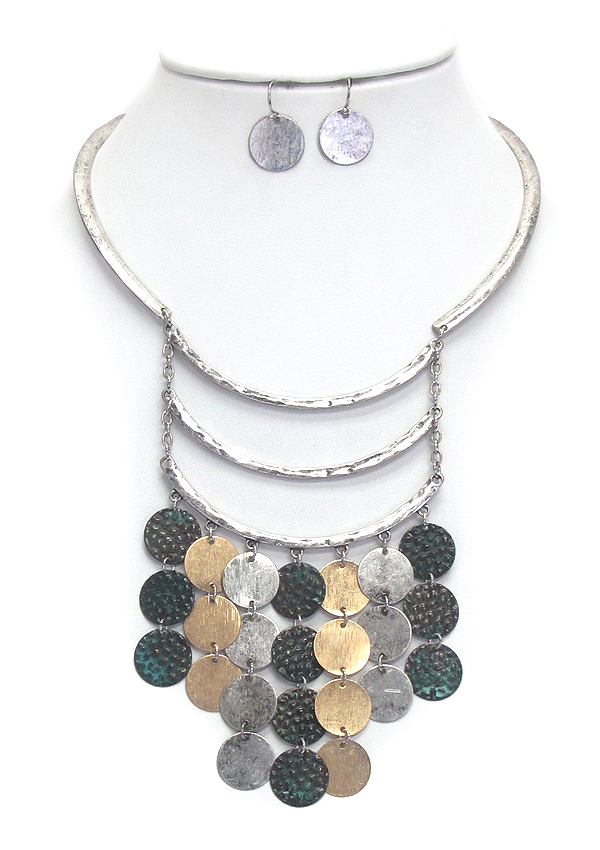 Textured disk drop half choker necklace set