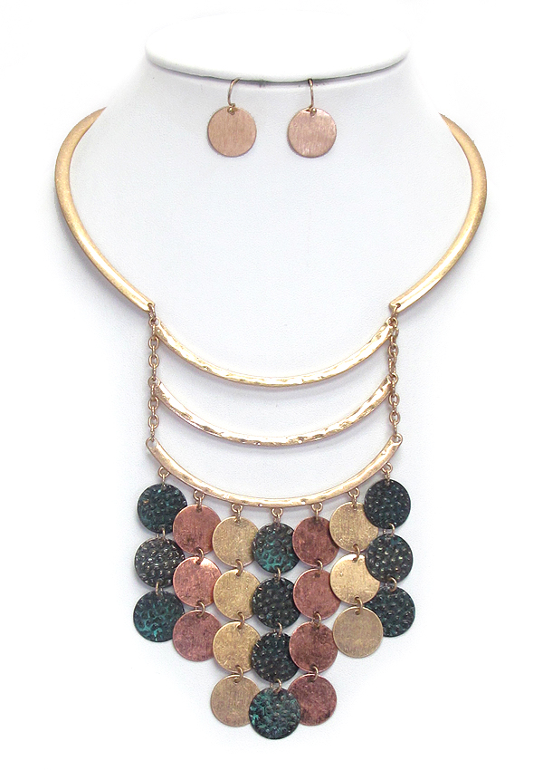 Textured disk drop half choker necklace set