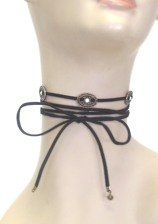 Bohemian oval disk and suede cord wrap choker necklace