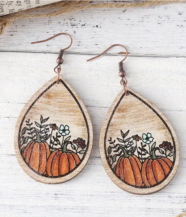 Thanksgiving theme wood teardrop earring