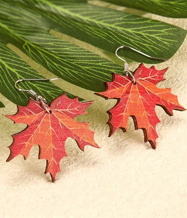 Wood maple leaf earring