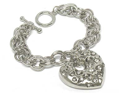 Crystal stone paved heart charm toggle bracelet