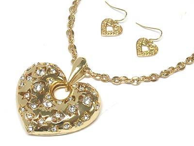 Crystal stone paved heart pendant necklace and earring set