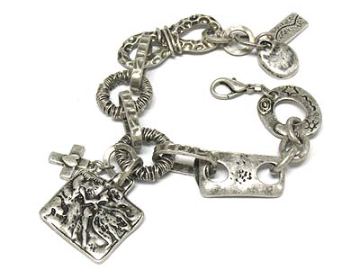 Casting metal square and cross charm multi chain bracelet