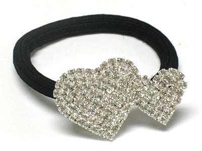 Rhinestone paved dual heart pony tail holder