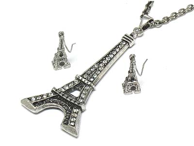 Crystal deco eifel tower pendant necklace and earring set