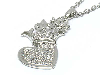 Crystal deco heart and crown pendant necklace 