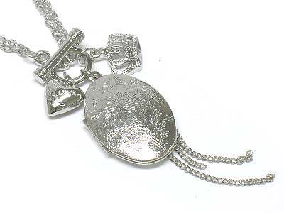 Metal oval locket and charms necklace