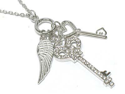 Crystal deco key and wing charms necklace