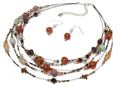 Multi strand glass beads and  seed beads necklace and earring set 