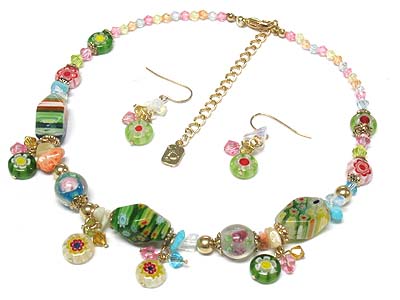 Colorful flower pattern glass charms and beads necklace and earring set 