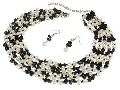 Mop pearl and chip stone 3 row necklace and earring set 