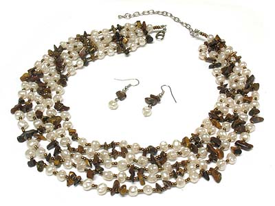 Mop pearl and chip stone 3 row necklace and earring set