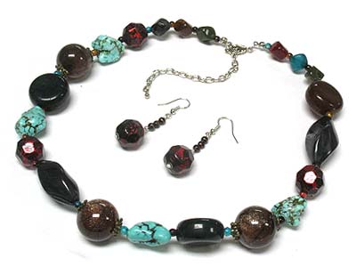 Turquoise chunkstone and mix beads and ball necklace and earring set