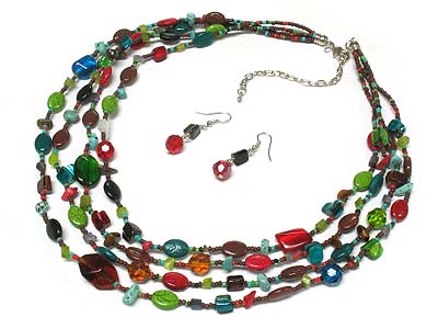 Multi row mix beads necklace and earring set 