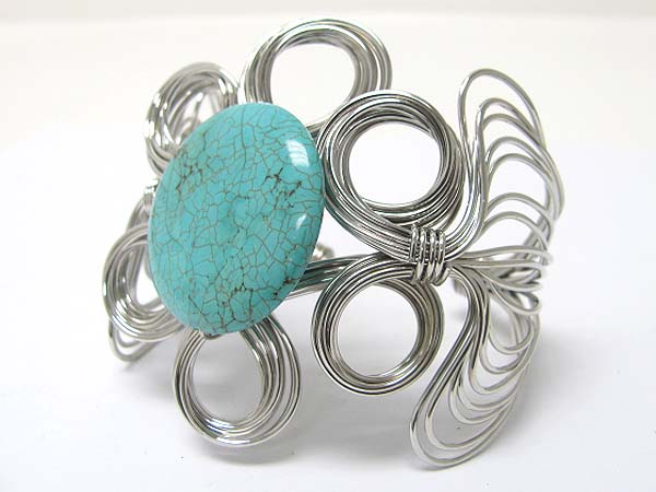 Turquoise stone deco metal wired cuff bangle