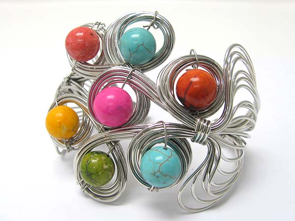 Natural stone deco metal wired cuff bangle