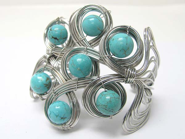 Natural stone deco metal wired cuff bangle