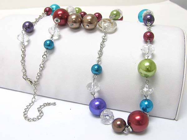 Pearl and galss stone link long necklace earring set