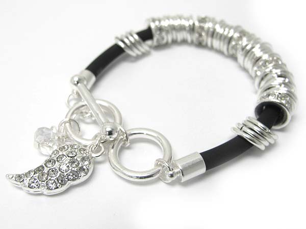 Crystal sole wing charm metal multi ring rubber bracelet