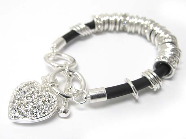 Crystal sole heart charm metal multi ring rubber bracelet